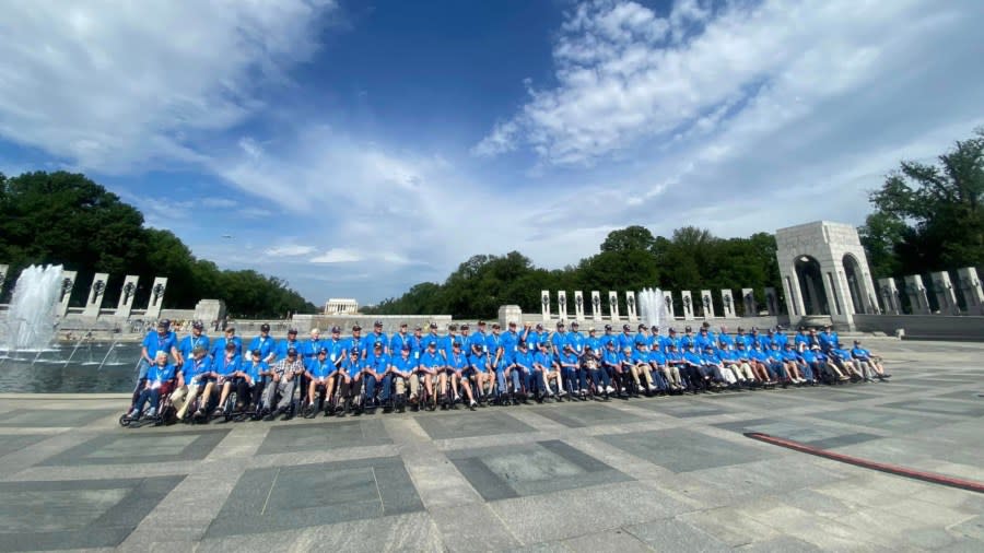 West Michigan veterans at the World War II Memorial in Washington, D.C., while on an Honor Flight visit. (May 8, 2024)
