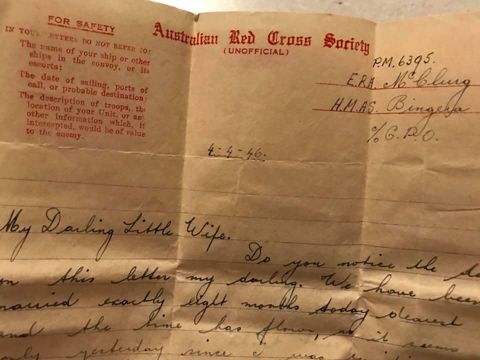 A love letter written from E.R.A. McClurg from the HMAS Bingera in 1946 during World War II.