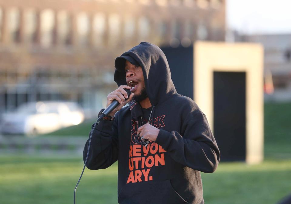 Pascha Morgan speaks during a community gathering on Tuesday, April 20, 2021, at the Sculpture Park in Des Moines, hours after a guilty verdict was handed down to former Minneapolis police officer Derek Chauvin in the murder trial of George Floyd.