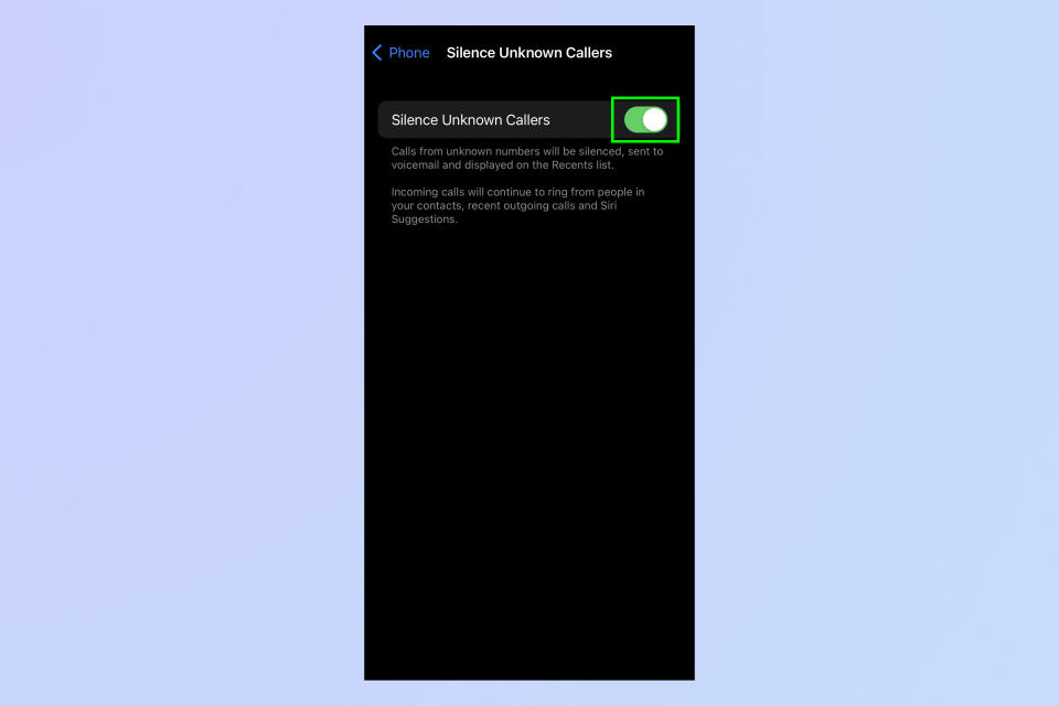 A screenshot showing how to block unknown callers on iPhone