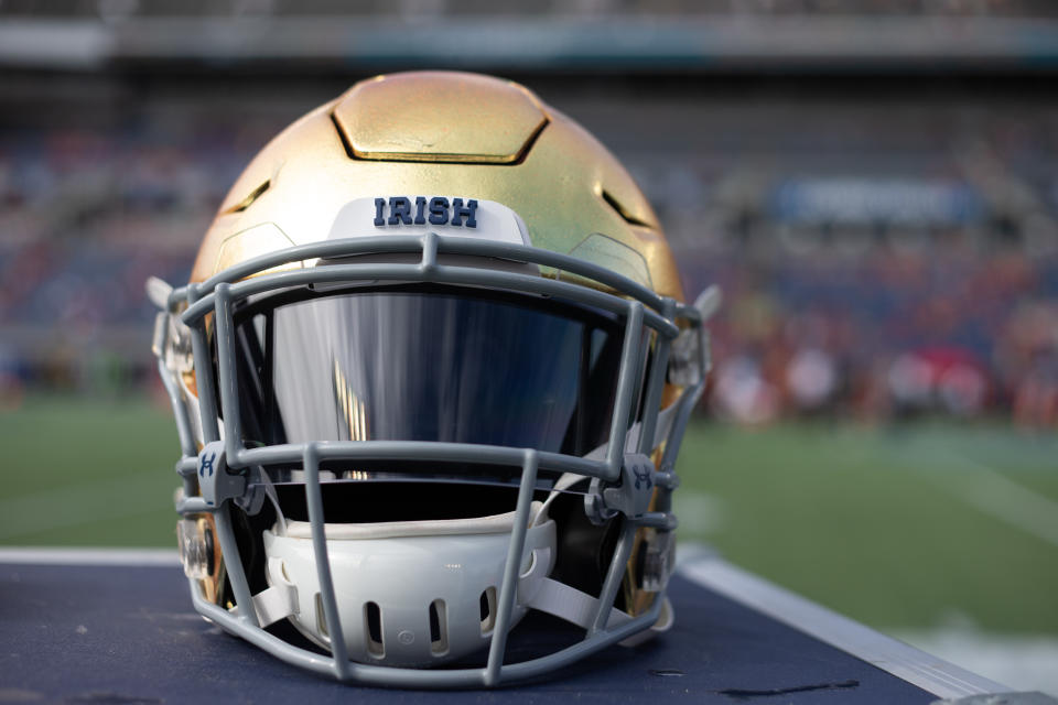 ORLANDO, FL - DECEMBER 28: A detailed view of a Notre Dame Fighting Irish helmet during the game between Notre Dame Fighting Irish and Iowa State Cyclones on December 28, 2019 at Camping World Stadium in Orlando, Fl. (Photo by David Rosenblum/Icon Sportswire via Getty Images)