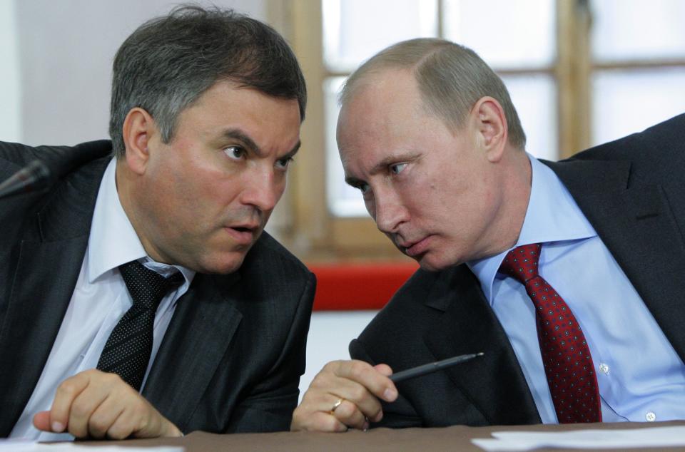 FILE - In this Monday, May 23, 2011 file photo, then, Russian Prime Minister Vladimir Putin, right, speaks with his then Chief of Staff ,Vyacheslav Volodin, during a meeting of officials in Pskov, about 600 km (375 miles) northwest of Moscow. The U.S. Department of the Treasury on Monday, April 28, 2014, designated seven Russian government officials, including two key members of the Russian leadership’s inner circle, and 17 entities pursuant to Executive Order (E.O.) 13661. E.O. 13661 authorizes sanctions on, among others, officials of the Russian Government and any individual or entity that is owned or controlled by, that has acted for or on behalf of, or that has provided material or other support to, a senior Russian government official. Volodin is on the list. (AP Photo/RIA Novosti, Alexei Nikolsky, Pool, File)