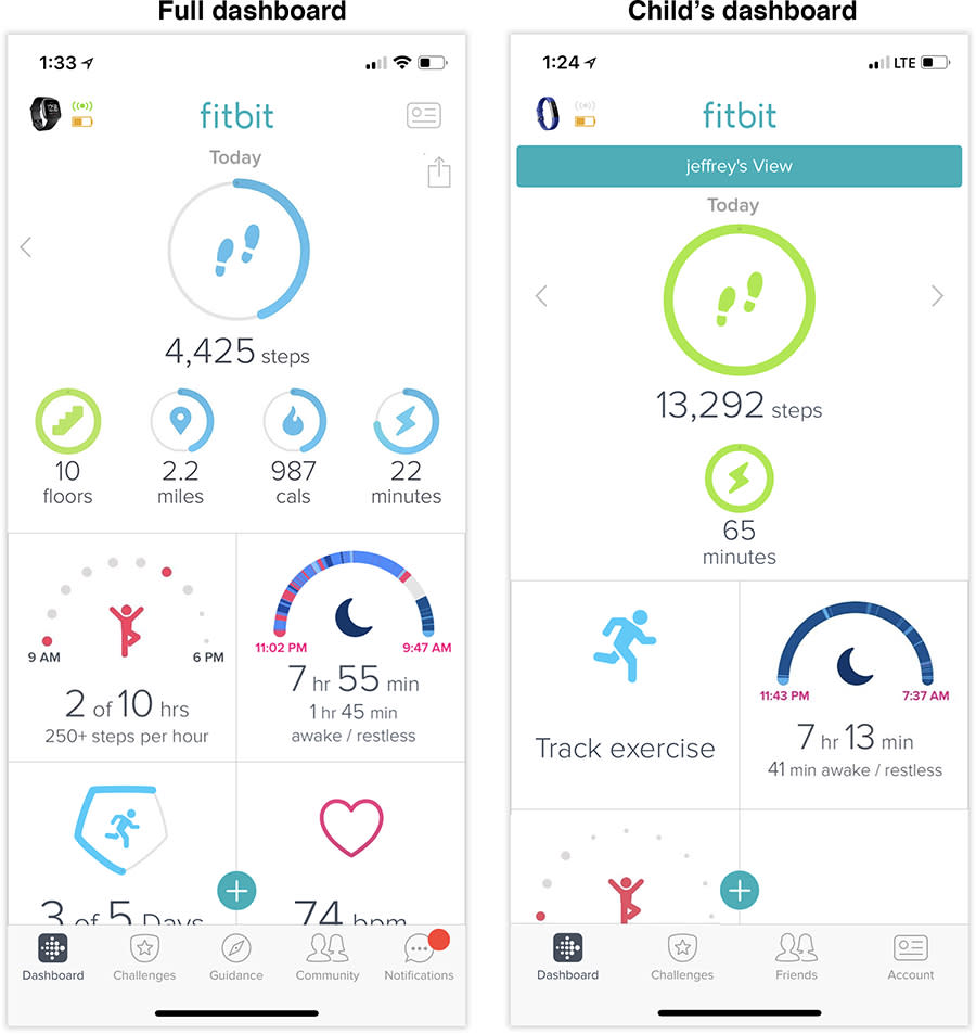 The normal adult dashboard (left) shows much more information that the kid’s version.