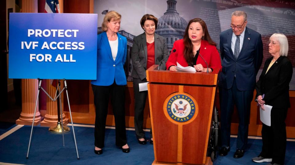 PHOTO: Sen. Tammy Duckworth speaks about a bill to establish federal protections for IVF  during a press event on Capitol Hill, on Feb. 27, 2024, in Washington, D.C. (Mark Schiefelbein/AP)