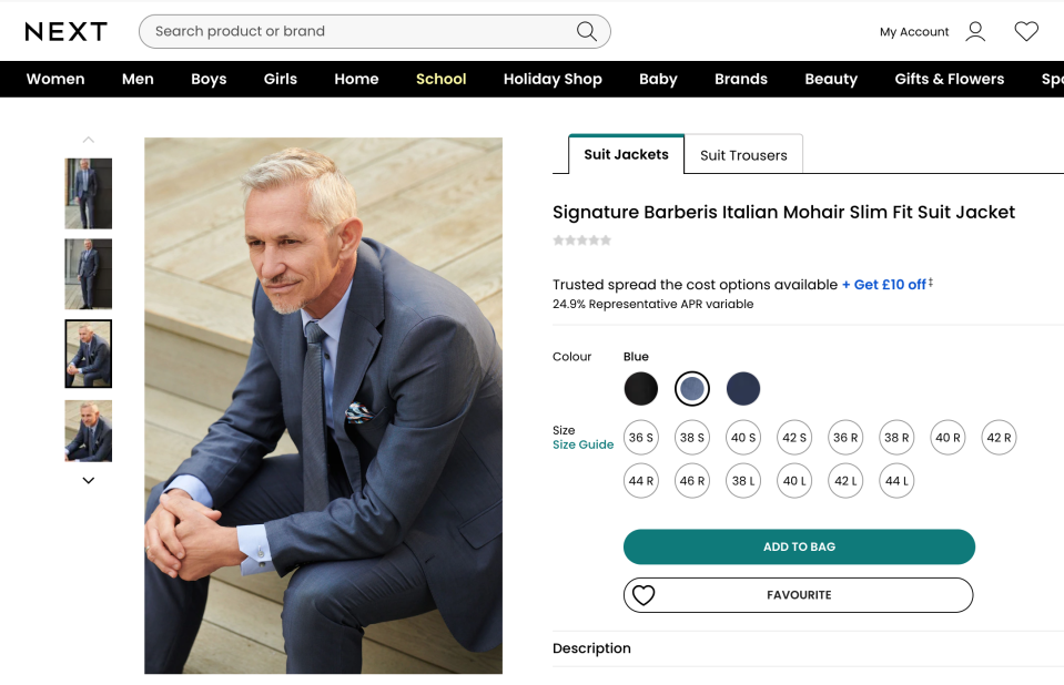 Broadcaster Gary Lineker features on the Next website modelling the mohair suit as part of his edit for the chain. (Next)