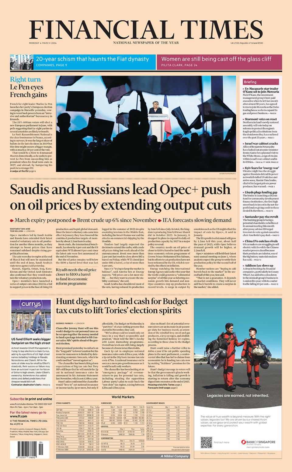 The headline in the Financial Times reads: "Saudis and Russians lead Opec+ push on oil prices by extending output cuts".