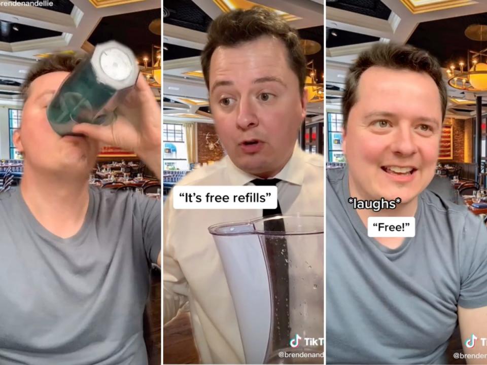 Screenshots from Brenden's video showcasing the cultural differences of eating out in the US versus the UK.