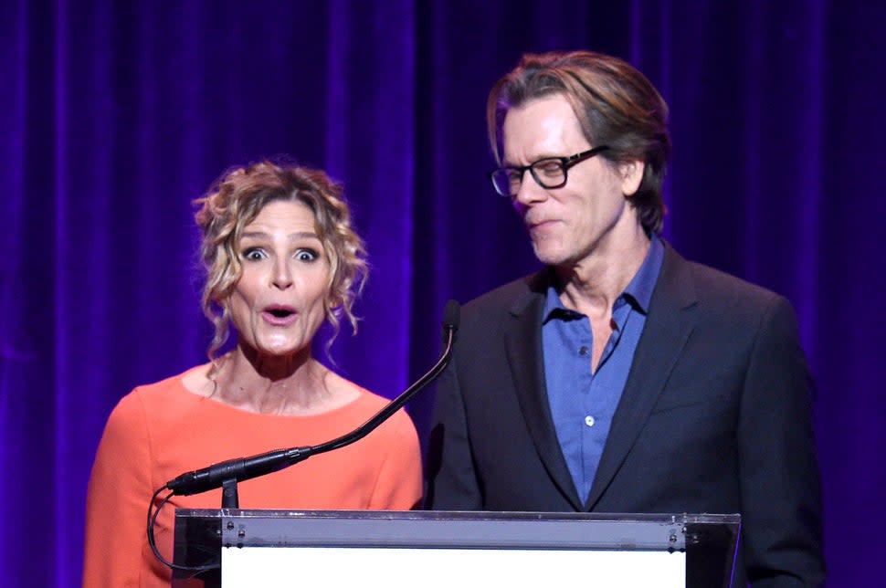 Kyra Sedgwick and Kevin Bacon speak onstage during the Food Bank for New York City's Can Do Awards Dinner at Cipriani Wall Street on April 17, 2018 in New York City.