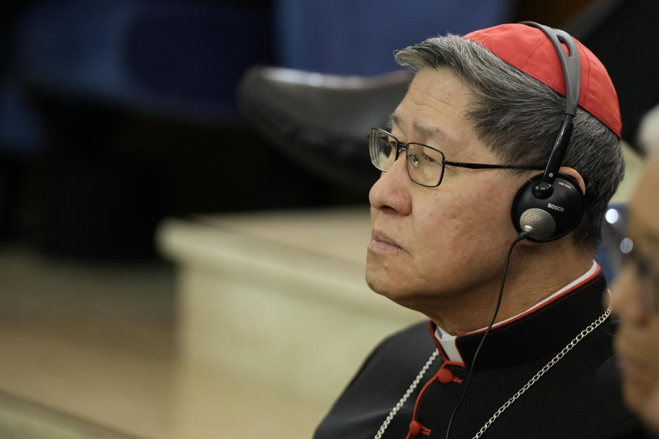 Manila Cardinal Luis Tagle attends the international conference to celebrate "100 years since the Concilium Sinense: between history and the present" celebrating the First Council of the Catholic Church in China, organized by the Pontifical Urbaniana University, in Rome, Tuesday, May 21, 2024. (AP Photo/Andrew Medichini)