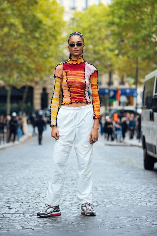 <em>Model Indira Scott in a top by U.K.-based brand ASAI during Paris Fashion Week in September 2019.</em>