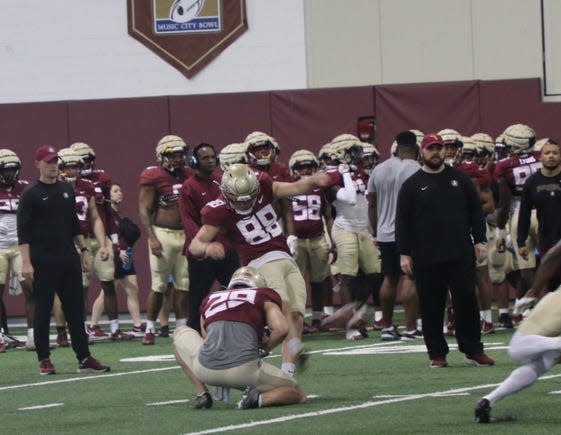 FSU kicker Ryan Fitzgerald attempts a field goal during one of the Seminoles' 2022 spring football practices.