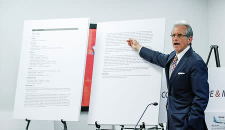 Lawyer Frank M. Pitre from Cotchett, Pitre & McCarthy speaks in relation to a lawsuit regarding the crash of Ethiopian Airlines Flight 302 on behalf of the family of victim Samya Stumo, niece of Ralph Nader, in Chicago, Illinois, U.S., April 4, 2019. REUTERS/Kamil Krzaczynski