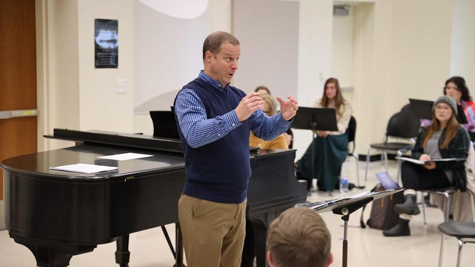 Dr. Sean Pullen, West Texas A&M University director of choral activities, conducts the WT Chorale in a rehearsal. The ensemble will perform Feb. 8 at the Texas Music Educators Association convention in San Antonio.