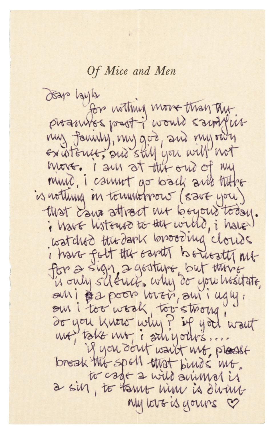 ‘I would sacrifice my family, my god and my own existence’ wrote Clapton before his marriage to Boyd broke down amid claims of infidelity (Christies)