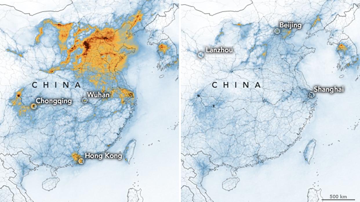 Die Karten zeigen die Konzentrationen von Stickstoffdioxid (NO2) in ganz China vom 1. bis 20. Januar 2020 (vor der Quarantäne wegen des Coronavirus) und vom 10. bis 25. Februar (während der Quarantäne).