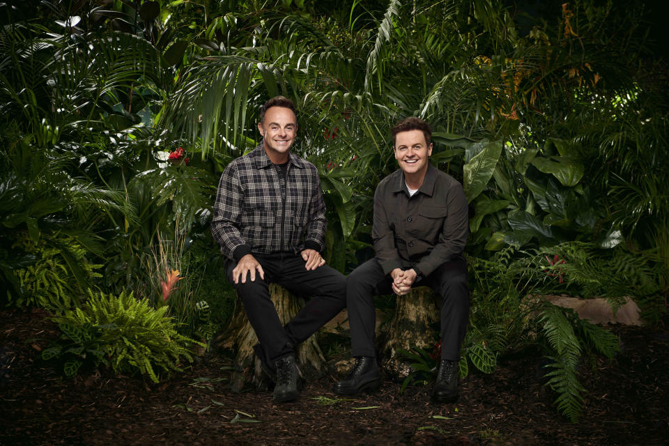 Hosts Ant and Dec sitting in front of a jungle background of green leaves and plants.