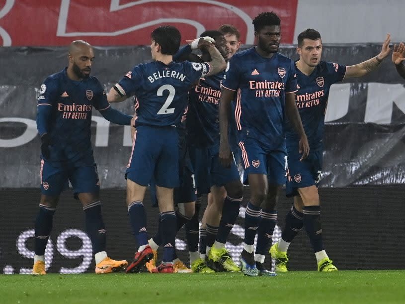 Arsenal celebrate Nicolas Pepe’s equaliserPOOL/AFP via Getty Images