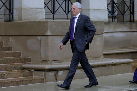 FILE PHOTO: U.S. Defense Secretary James Mattis arrives to welcome Chinese Minister of National Defense Gen. Wei Fenghe to the Pentagon in Arlington, Virginia, U.S., November 9, 2018. REUTERS/Yuri Gripas/File Photo