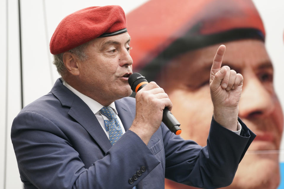 New York City Republican mayoral candidate Curtis Sliwa speaks at a campaign event in the Washington Heights neighborhood of New York, Tuesday, Oct. 12, 2021. (AP Photo/Mary Altaffer)