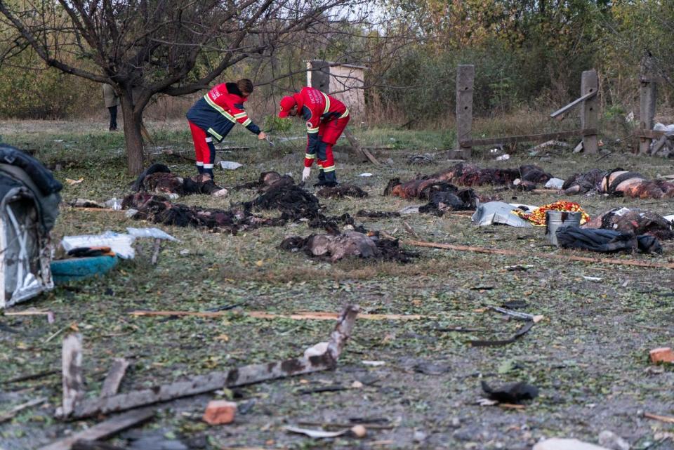 The aftermath of the Russian Oct. 5 missile attack on the village of Hroza in Kharkiv Oblast that killed 51 people, including a child. (Photo by Oleksandr Stavytskyy/Suspilne Ukraine/JSC "UA:PBC"/Global Images Ukraine via Getty Images)