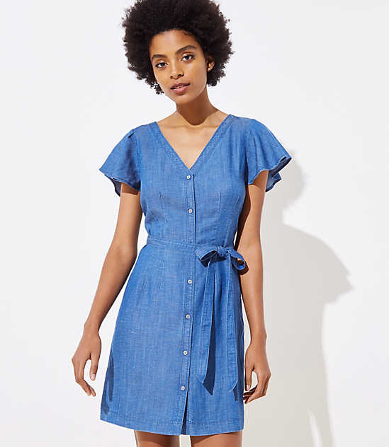 Chambray Flutter Tie Waist Shirtdress