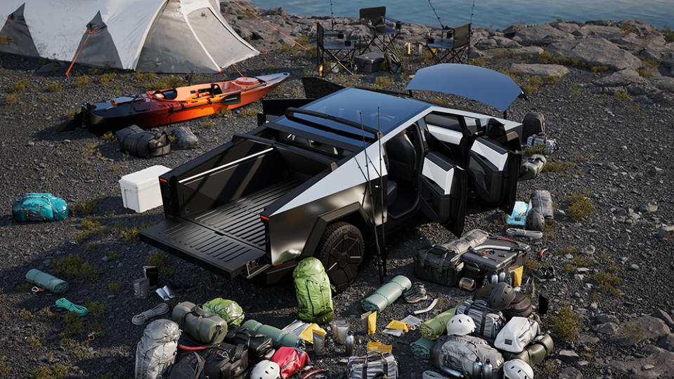 The Tesla Caybertruck loaded with camping gear