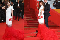 Steht Cheryl Cole in Flammen oder wurde ihr weißes Kleid in einen roten Farbtopf getunkt? Weder noch. Der Ton-in-Ton-Trend heißt Dip Dye und ist gerade schwer angesagt. (Bilder: Getty Images)