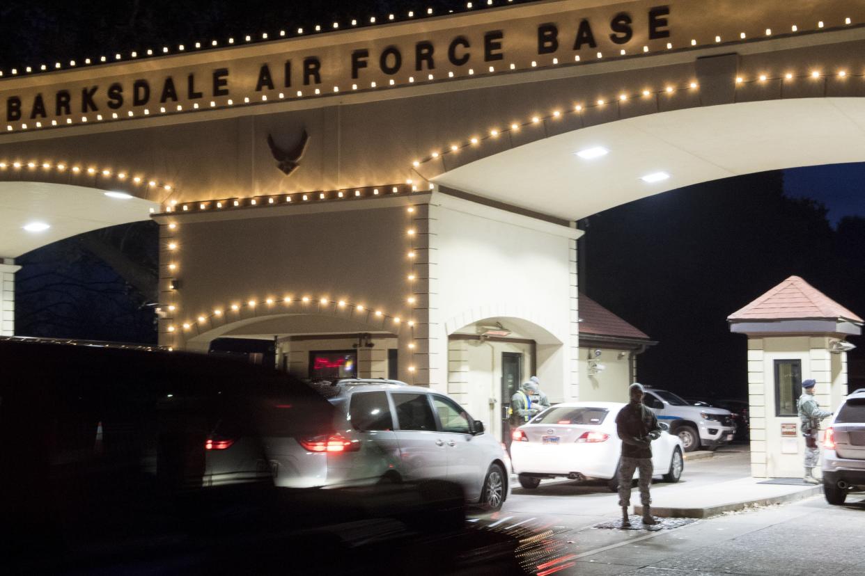 Jan. 5, 2018 - 2nd Security Forces Squadron Airmen welcome people at the main gate entrance at Barksdale Air Force Base in Louisiana.