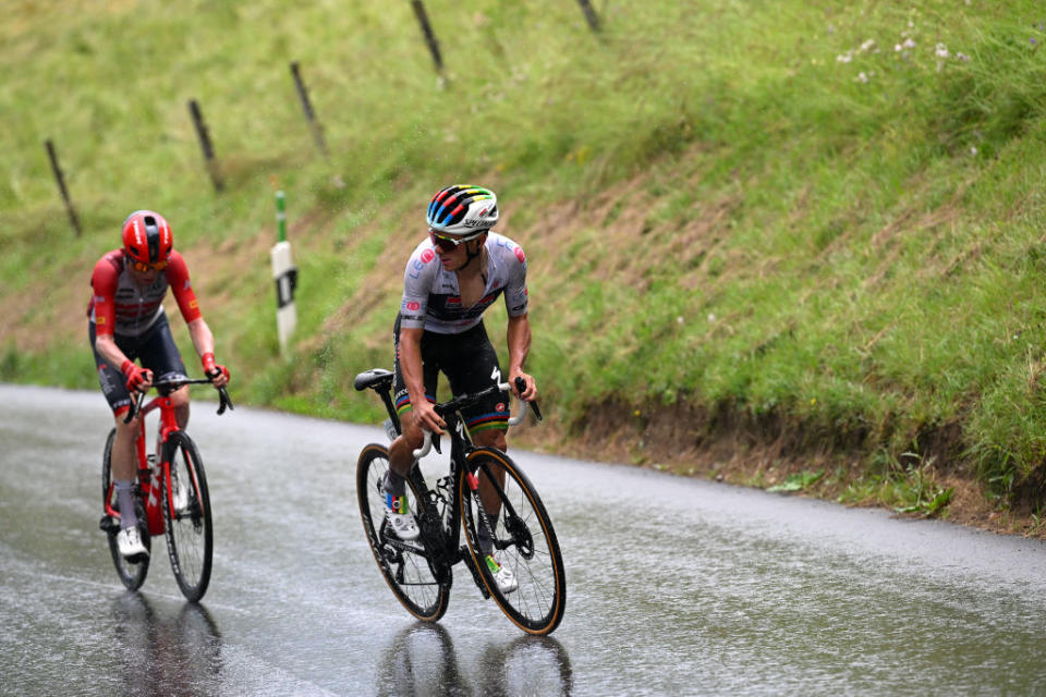 VILLARSSUROLLON SWITZERLAND  JUNE 13 LR Mattias Skjelmose Jensen of Denmark and Team TrekSegafredo and Remco Evenepoel of Belgium and Team Soudal QuickStep  White best young jersey compete in the chase group during the 86th Tour de Suisse 2023 Stage 3 a 1438km stage from Tafers to VillarssurOllon 1256m  UCIWT  on June 13 2023 in VillarssurOllon Switzerland Photo by Dario BelingheriGetty Images