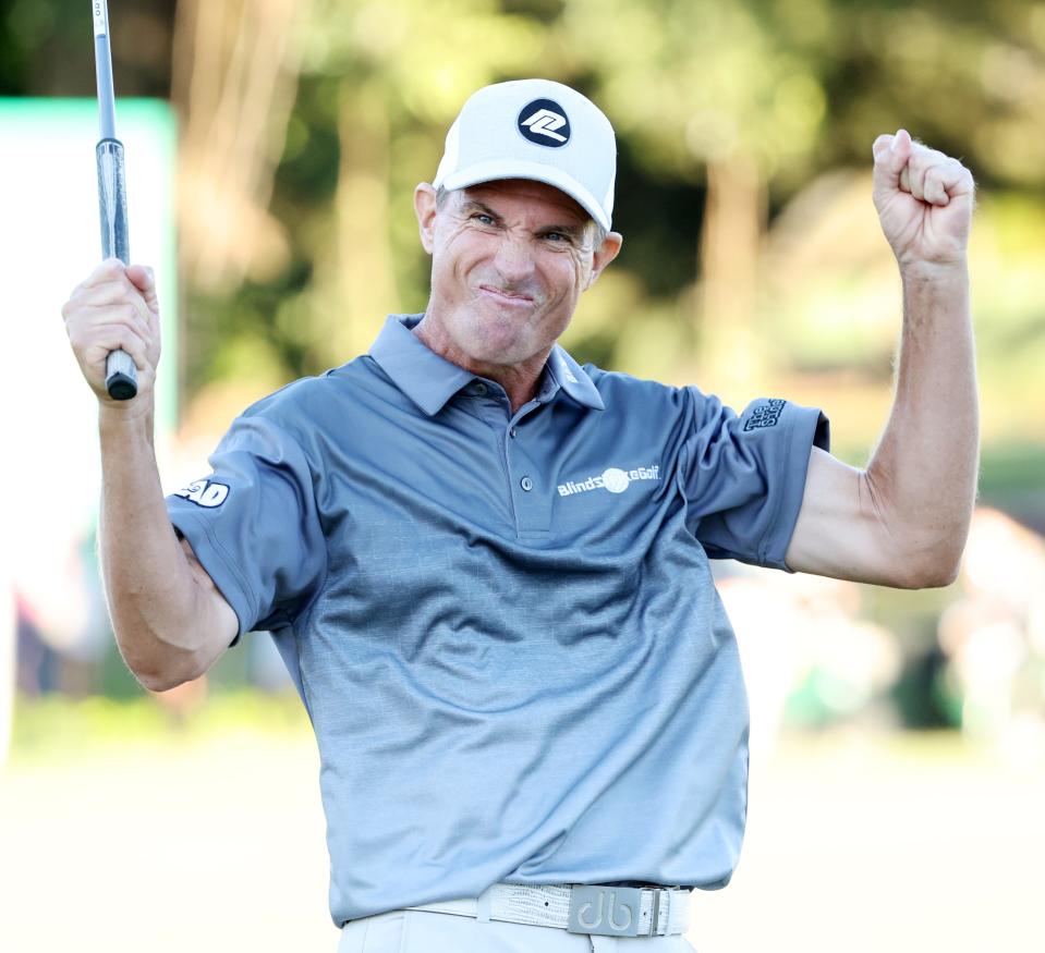 Steven Alker reacts after tapping in for birdie on No. 18 Sunday and securing his victory at the TimberTech Championship on the Old Course at Broken Sound in Boca Raton. Photo by  Scott Halleran