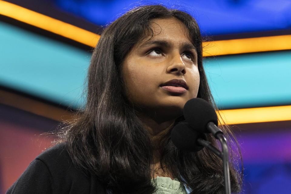Shradha Rachamreddy, 14, of San Jose, Calif., correctly spells her first word during the semifinals of the Scripps National Spelling Bee, in Oxon Hill, Md., Wednesday, May 29, 2024. (AP Photo/Jacquelyn Martin)