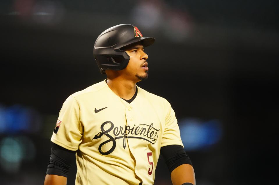 Jun 18, 2021; Phoenix, Arizona, USA; Arizona Diamondbacks third baseman Eduardo Escobar against the Los Angeles Dodgers at Chase Field. Mandatory Credit: Mark J. Rebilas-USA TODAY Sports