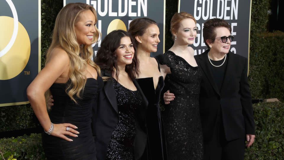 Mariah posed alongside A-list stars America Ferrera, Natalie Portman, Emma Stone and Billie Jean King who all stunned wearing black. Source: Getty