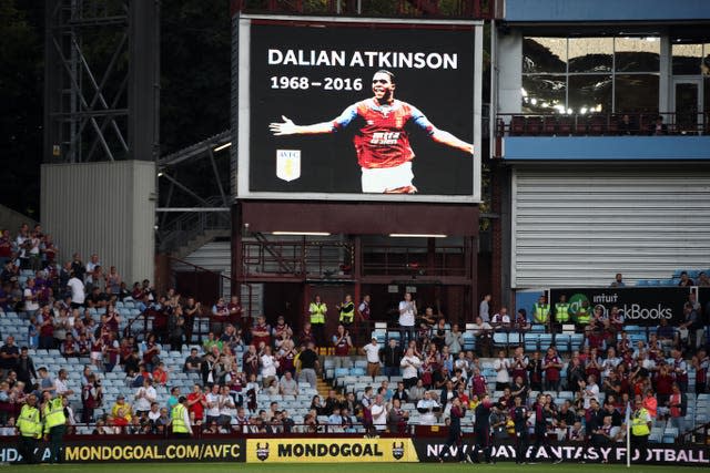 A tribute is shown on the big screen at Villa Park in memory of former player Dalian Atkinson