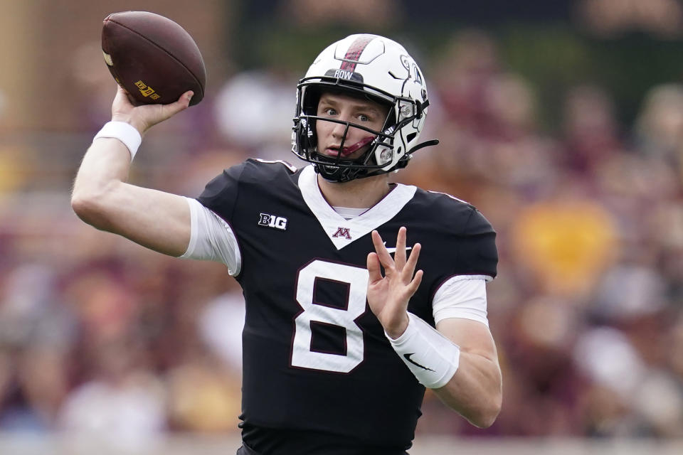 Minnesota quarterback Athan Kaliakmanis passes the ball during the second half of an NCAA college football game against Western Illinois, Saturday, Sept. 10, 2022, in Minneapolis. (AP Photo/Abbie Parr)