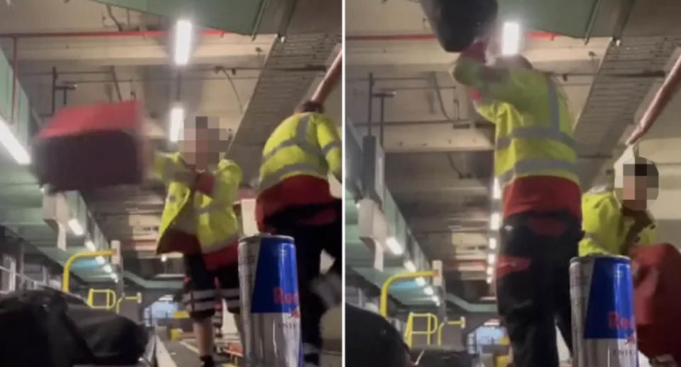 Two baggage handlers seen throwing luggage onto a conveyor belt at Melbourne Airport.