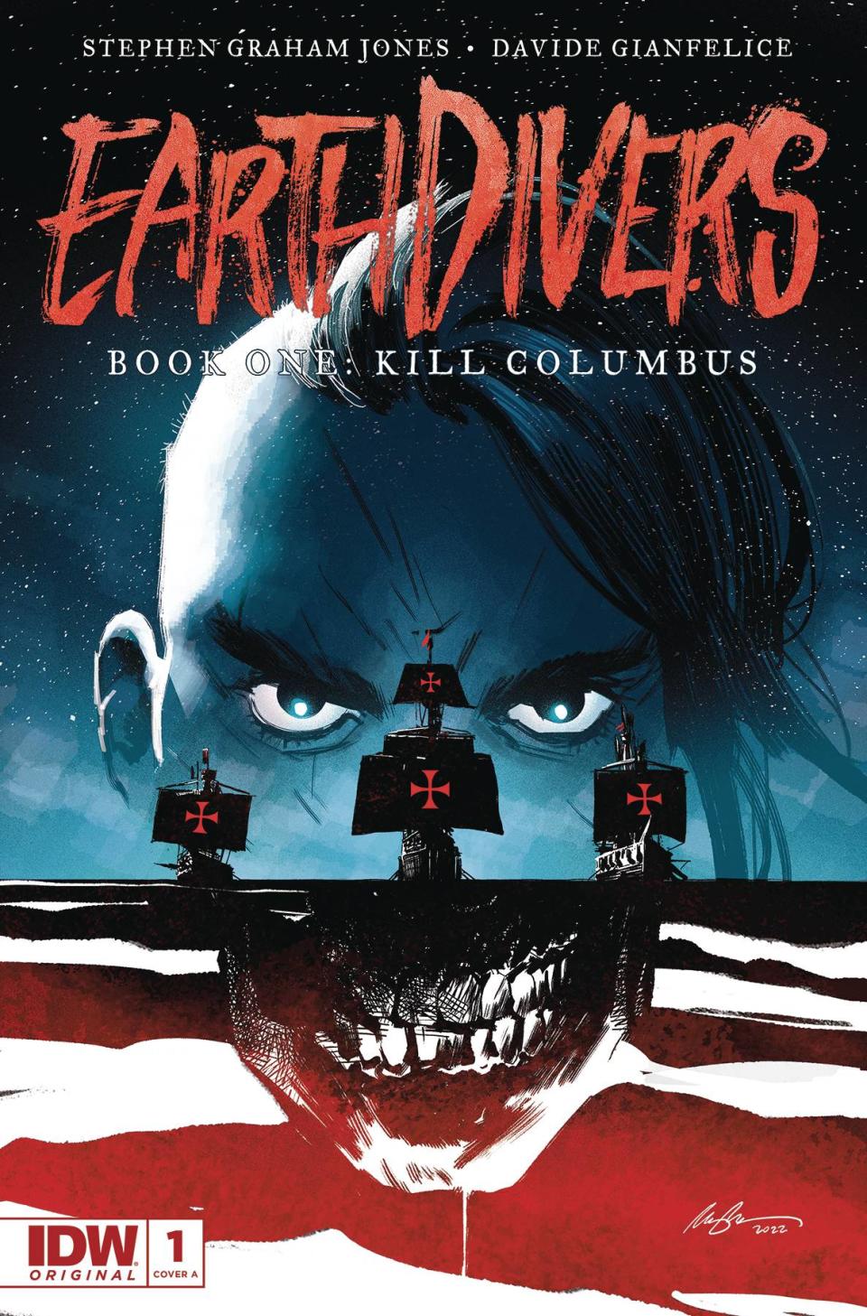 The cover of Earthdivers shows the main character Tad's head merged with a skull mouth and colonial spanish ships
