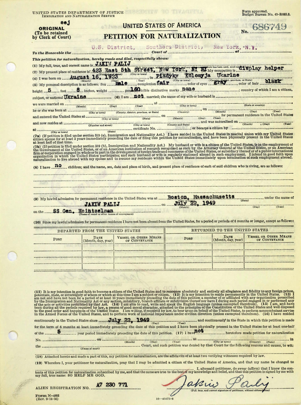 This document, photographed July 16, 2018 at the National Archives at New York City, shows the Petition for Naturalization of Jakiw Palij, a former Nazi concentration camp guard whose citizenship has been revoked. The White House says that Palij, a 95-year-old former Nazi concentration camp guard has been deported to Germany, 14 years after a judge ordered his expulsion. In a statement, the White House said the deportation of Palij, who lived in New York City, was carried out early Tuesday Aug. 21, 2018. (National Archives at New York City via AP)