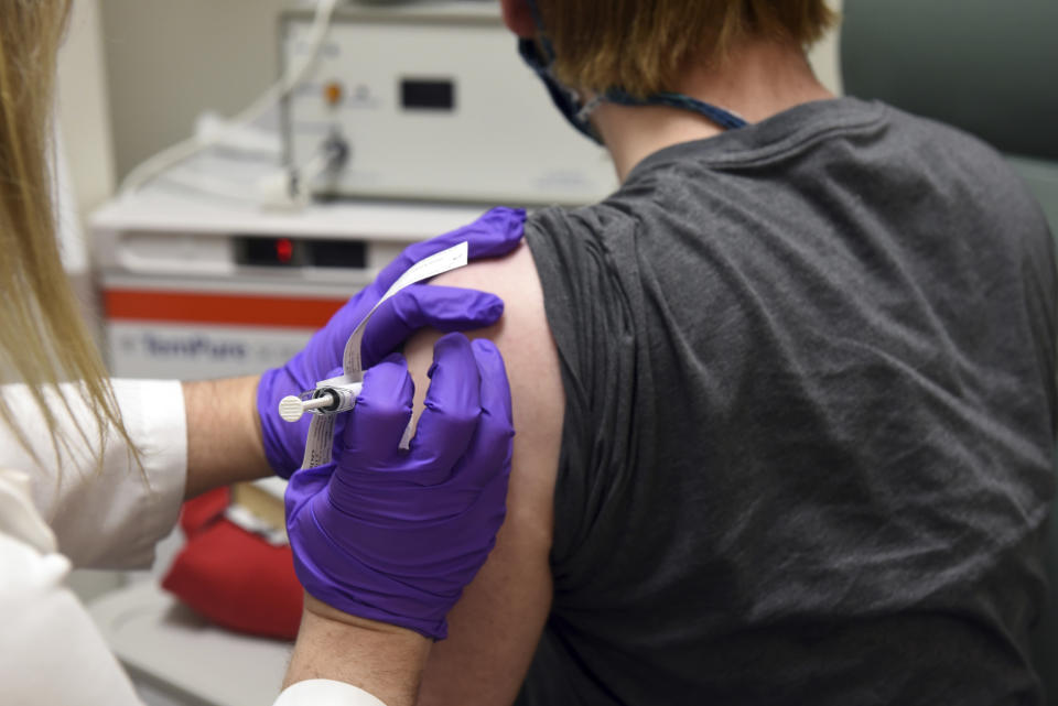 FILE - This May 4, 2020, file photo provided by the University of Maryland School of Medicine, shows the first patient enrolled in Pfizer's COVID-19 coronavirus vaccine clinical trial at the University of Maryland School of Medicine in Baltimore. Pfizer announced Wednesday, Nov. 18, 2020, more results in its ongoing coronavirus vaccine study that suggest the shots are 95% effective a month after the first dose. (Courtesy of University of Maryland School of Medicine via AP, File)