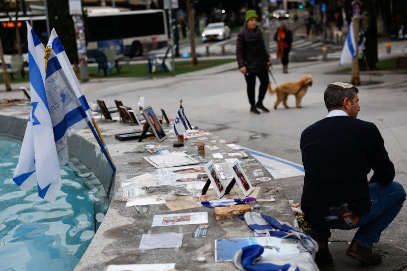 Tributes to victims of the October 7 attack by Hamas, at a fountain in Tel Aviv