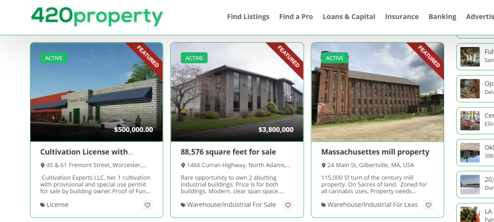 420 Property is a "Zillow" or MLS for cannabis businesses. The website shows available properties across the country that fit the criteria for retail, manufacturing, cultivation and delivery businesses. Pictured are several listings in Massachusetts.