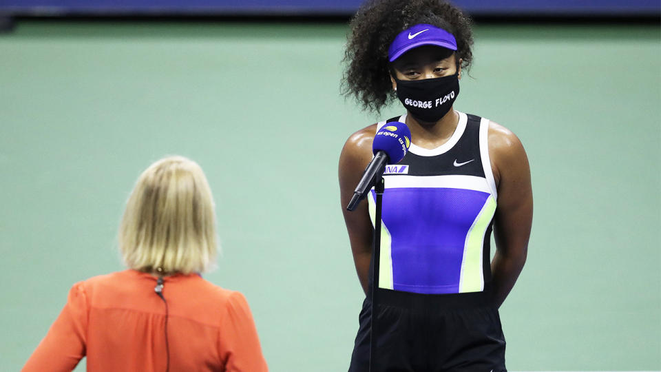 Rennae Stubbs asks Naomi Osaka (pictured right) a question after her US Open match.