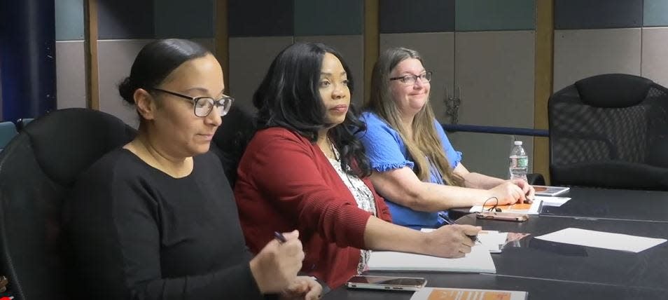 From left, members of the public Elizabete Pires, Rachelle Etienne and Brenda Deane of Brockton sit on the School Committee's Audit Advisory Board, interviewing audit firms lead the investigation into the school district's $14.4 million overspending from the 2022-2023 school year that wasn't revealed until August 2023.