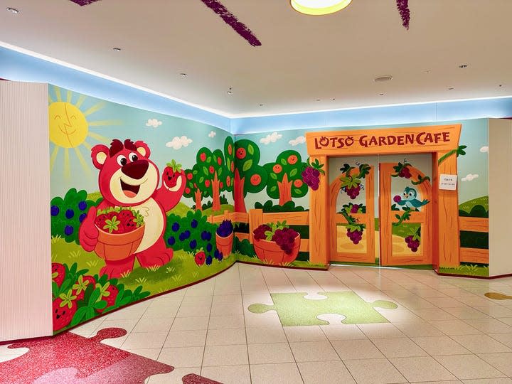 The entrance to Lotso Garden Cafe is shown at the Toy Story Hotel in Tokyo.