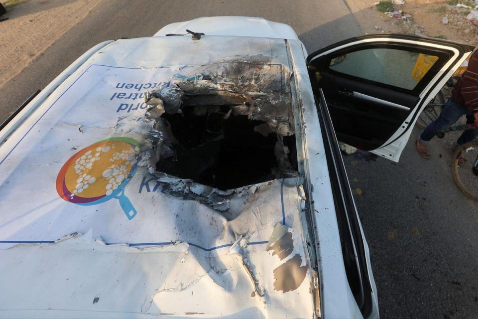 The destroyed roof of a vehicle where employees from the World Central Kitchen were killed in an Israeli airstrike (REUTERS)