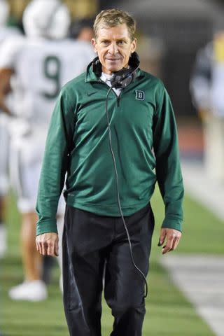 <p>Andy Lewis/Icon Sportswire via Getty </p> Dartmouth Big Green head coach Buddy Teevens looks on during the game between the Penn Quakers and the Dartmouth Big Green on October 4, 2019 at Franklin Field in Philadelphia, PA.