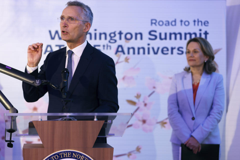 FILE -NATO Secretary General Jens Stoltenberg addresses the audience during a ceremony marking the 75th anniversary of the signing of the North Atlantic Treaty, in Brussels, Wednesday, April 3, 2024. United States President Joe Biden and his counterparts meet in Washington for a three-day summit beginning Tuesday, July 9, 2024 to mark the military alliance's 75th anniversary, with Russian troops pressing their advantave along Ukraine's eastern front in the third year of war. (Johanna Geron, Pool Photo via AP, File)