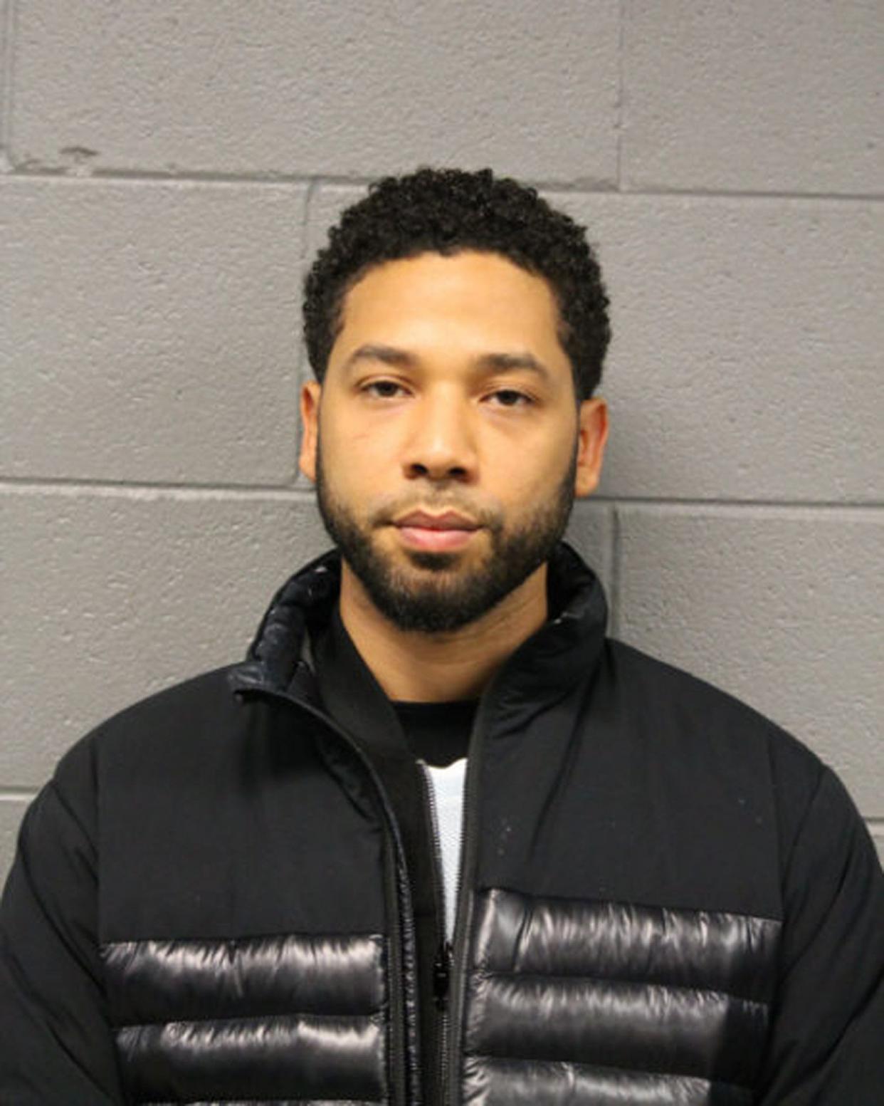 In this handout provided by the Chicago Police Department, Jussie Smollett poses for a booking photo after turning himself into the Chicago Police Department on Feb. 21, 2019, in Chicago, Ill. The 36-year-old "Empire" star is facing a class four felony charge for filing a false police report after claiming he was the victim of an assault on Jan. 29, 2019.