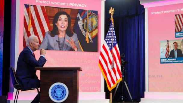 PHOTO: President Joe Biden listens to Governor of New York Kathy Hochul speak during a call with governors on protecting access to reproductive Health Care at the White House, July 1, 2022, in Washington, D.C.  (Tasos Katopodis/Getty Images)