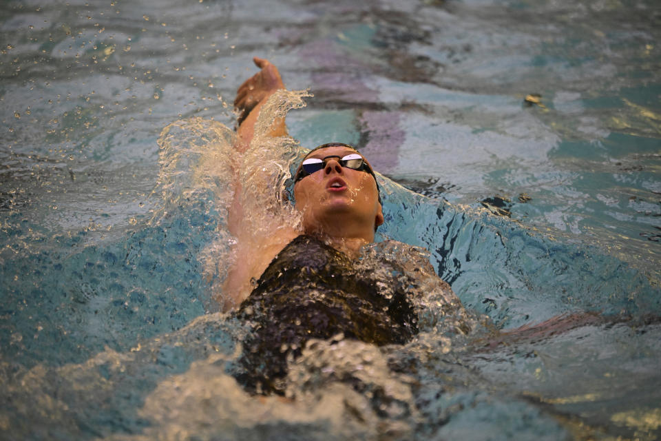 Jessica Long swims the Women's 100 backstroke at the 2024 U.S. Paralympic Swim Team Trials in Minneapolis, Thursday, June 27, 2024. (AP Photo/Leighton Smithwick)